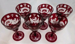 Egermann Czech Bohemian Ruby Red Hand Cut to Clear Cordial Liquor Glass x6