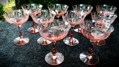 Vintage Pink Elegant Depression Champagne Glasses Etched Goddess Cameo Rare