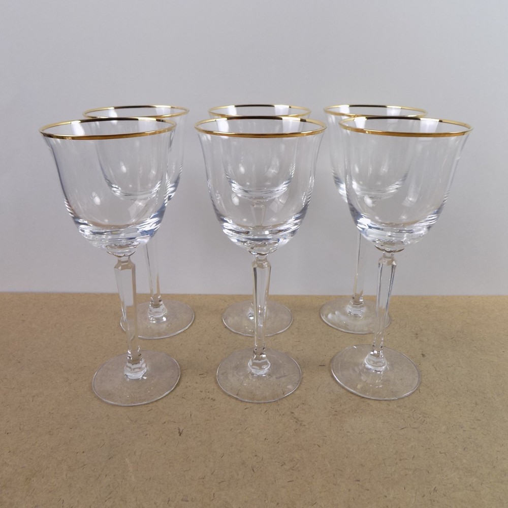 6 Lenox Crystal Classic Federal Gold 7.25″ Wine Glasses Goblets USA Vintage