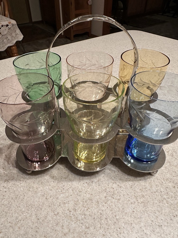 FABERWARE Brooklyn NY Chrome Beverage Caddy Holder w/6 Rainbow Etched Glasses
