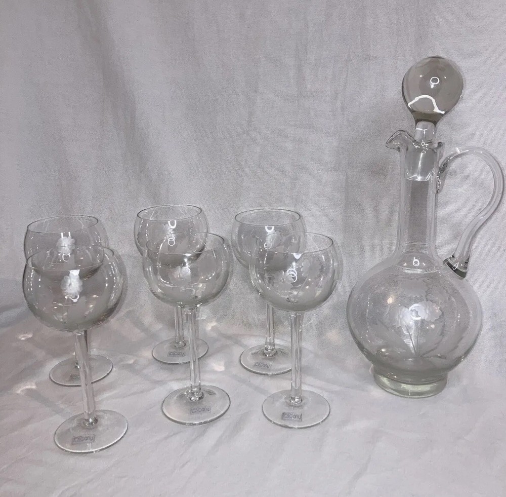 Vintage Handmade Toscany Wine Decanter and 6 Glasses Set Made in Romania NICE