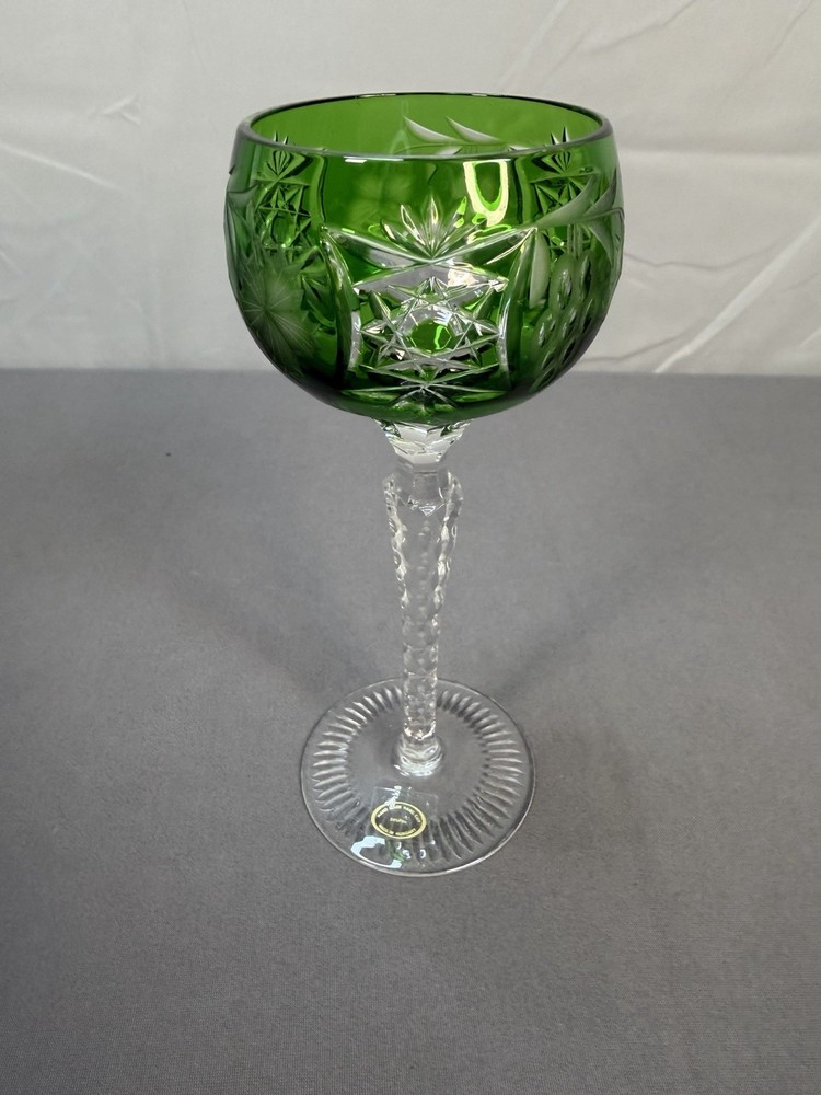 Vintage Green Cut Crystal Wine Goblet Hand Made Hungary 24% PbO