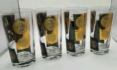 MCM Set of 4 Cera 22K Gold & Black US Coin Highball Glasses. READ DESCRIPTION