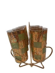 Set 8 Culver Prado Mid Century 22kt Gold Green Highball Glasses W/ Carrier MCM