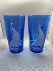2 Vintage Hazel Atlas Tumblers Cobalt Blue Sailboat Seagulls Glasses 4 7/8″ 8oz