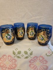 Bohemian Czech Cobalt Shot Glasses with Gold Trim Hand Painted Enamel Lot of 4