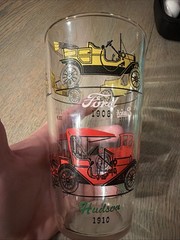 Vtg Hazel Atlas 24 oz Drinking Glass Photo 1900’s Antique Cars Ford Buick Chevy