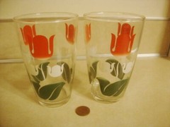 Vintage MCM Drinking Glass x2 TULIPS Flowers Tumbler 3 Colors Collectible!
