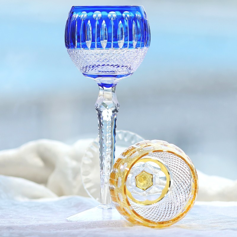 Bohemian Style Sunshine Cut Crystal Hoock Wine Goblets VERY RARE PAIR