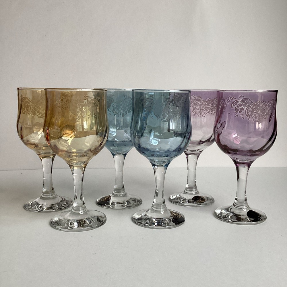 Cristalleria Fumo Wine Glasses Pastel Multicolor Etched Goblets Stemmed Set Of 6