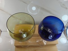 Tall Light Green and Blue Cut To Clear Crystal Wine Glasses Stem Goblet Set of 2