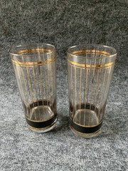 Vintage MCM Pair of Culver Devon Highball Glasses 22K Gold & Black