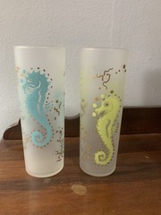 Vintage Federal Glass Frosted SEAHORSE Tom Collins Highball Glasses set of 2 MCM
