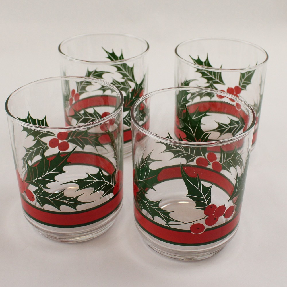 Libbey Holly & Berries 14oz Double Old Fashioned Rocks Glasses Set of 4