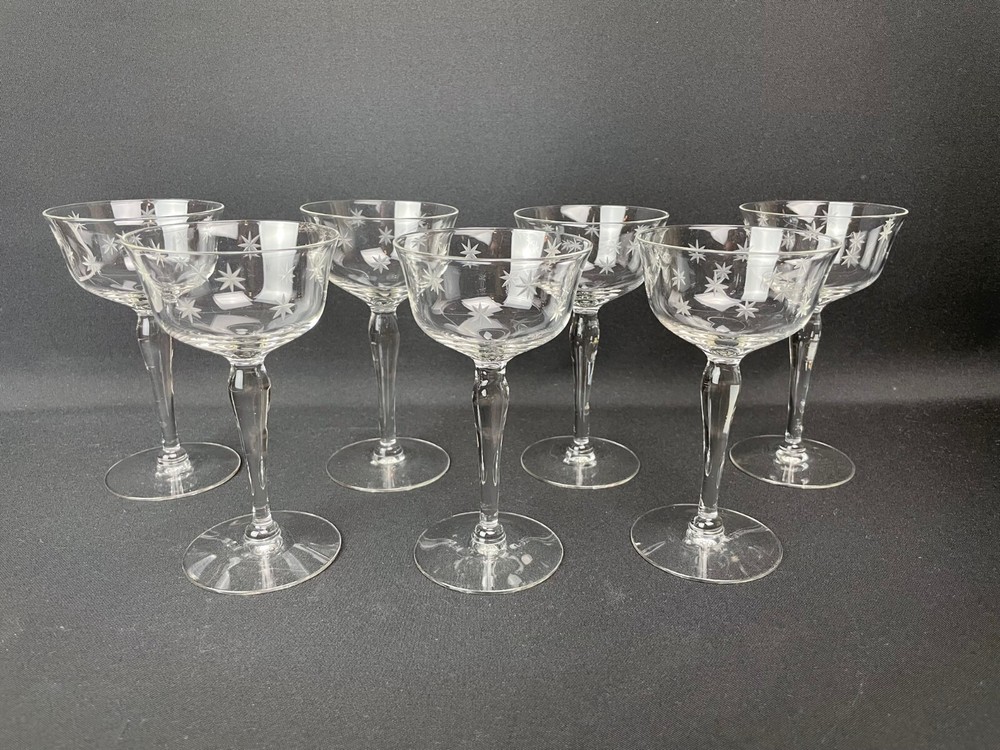7 Glastonbury Lotus Morning Star Cordial Champagne Sherbet Glasses Cut Stars MCM