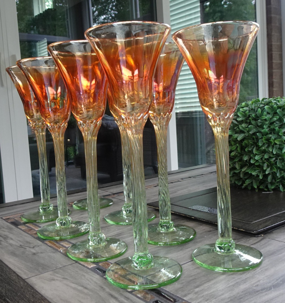 Lot 8 Signed Rick Strini Studio Art Glass Tulip Wine Goblets Marigold Iridescent