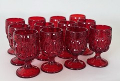 12 Vintage L.E. Smith Glass Ruby Red Moon & Stars Water Goblet Set 6”