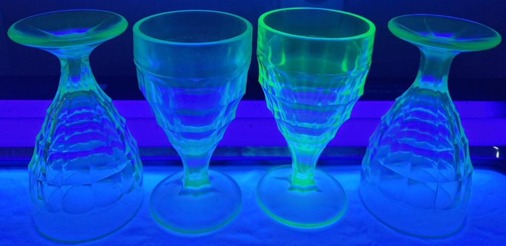 Hazel Atlas Colonial Block Optic Uranium Green Glass Water Goblets Set of 4