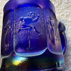 COBALT BLUE IMPERIAL GLASS CHILDS MUG WITH ELEPHANT HANDLE. CARNIVAL GLASS.