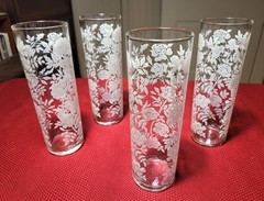 Set of 4 MCM 1950s 7″ Libbey OLD LOGO *WHITE ROSES + LEAVES* TOM COLLINS Glasses