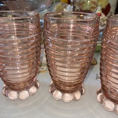4 Vintage Set ANCHOR HOCKING GLASS CO. MANHATTAN PINK FOOTED BEVERAGE TUMBLERS