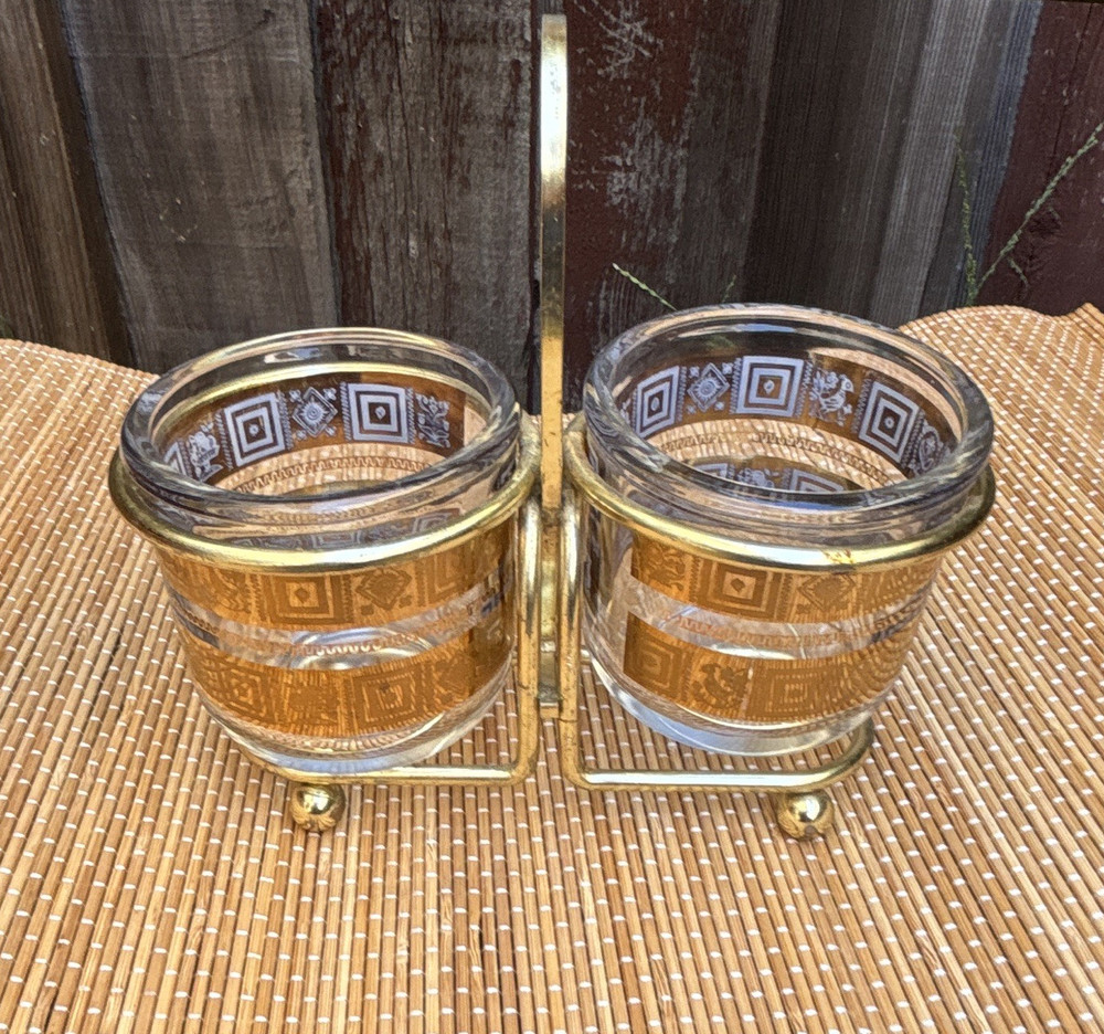 Vintage MCM Jeanette Clear & Gold Condiment Glasses Set with Metal Handle Caddy