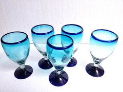 5 Mexican Handblown Ombre’ Cobalt Blue Rim Base 16 Oz Water Cocktail Goblets