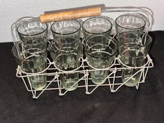 Mid Century Modern Set Of 8 Four Oz Cutting Chai Glasses & Metal Wire Caddy Wood
