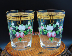 Antique European Crystal Hand Painted Enameled Rose Garland Schnapp Shot Glasses