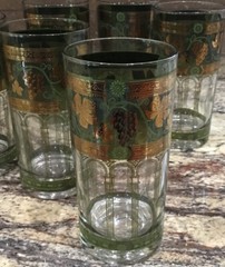 SIX(6) CORA GREEN GRAPES GOLD LEAVES PILLARS HIGH BALL TUMBLER GLASSES 5 3/4”T