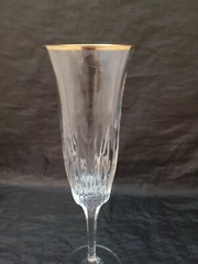 CUT LEAD CRYSTAL Panel Design Gold Rim Champagne Flute Goblet EUC! Beautiful!