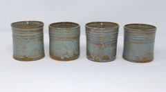 Sugarcamp Studio Art Pottery Stoneware Tumblers Signed Blue Gray Ribbed Cups Set