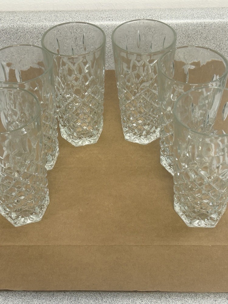 6 Pc Libbey Criss-Cross Diamond Cut Ice Glass Tumblers Set