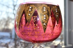 Antique Moser Cranberry Red Enameled Raised Gold Glass Goblet 14″