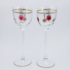 4 Theresienthal Wine Glasses Art Deco Applied Pink Circles Handpainted Gold Set