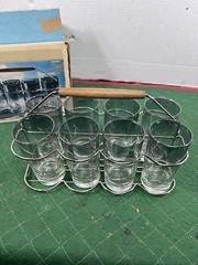 Vintage Anchor Hocking 8 Glass Silver Mist Tumblers w/ folding Caddy & Box