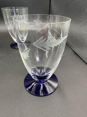 Set of Five (5) Weston Louie Cobalt Blue Base Fern Etched Juice Glasses