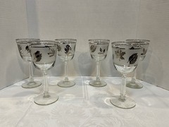 6 Vtg MCM Silver Rim Stemmed Frosted Wine Glasses Metallic Leaf Goblet 7.25″