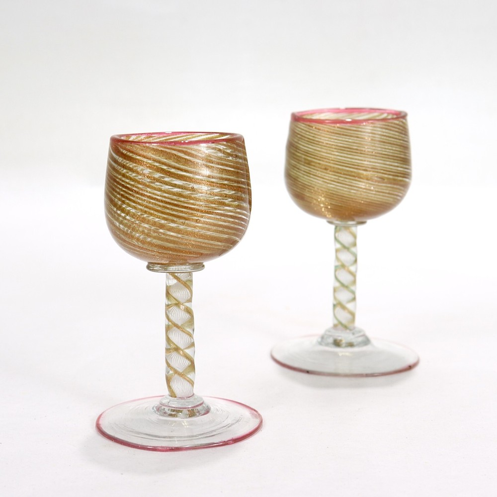 Pair Antique Salviati Aventurine Filigrana Venetian/Murano Cordial Wine Glasses
