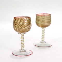 Pair Antique Salviati Aventurine Filigrana Venetian/Murano Cordial Wine Glasses