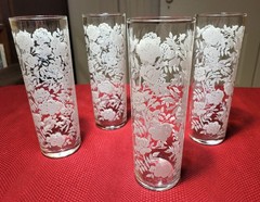 Set of 4 MCM 1950s 7″ Libbey OLD LOGO *WHITE ROSES + LEAVES* TOM COLLINS Glasses