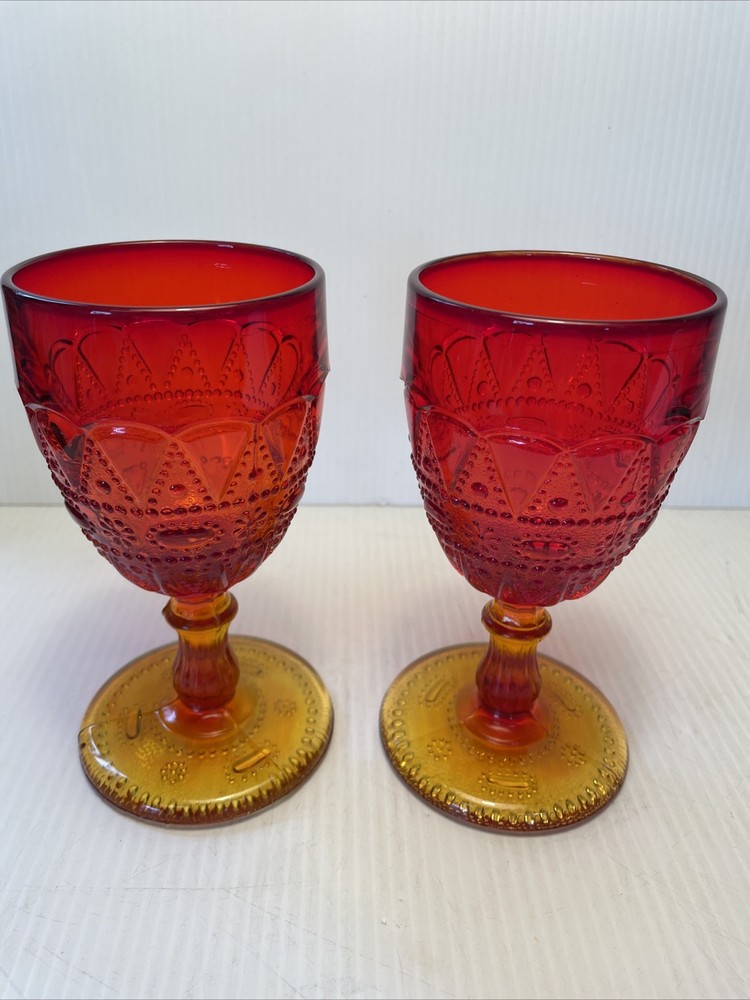Pair 2 Vintage Kemple Goblets Red To Gold Amber Ambre Lace & Dewdrop 6” Tall