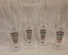 Vintage Block Crystal Carnival Stem Glasses Set of 4 Multi Color Ring Stem 9”