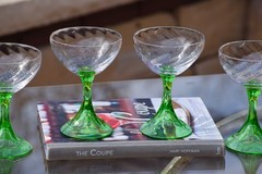 Antique Spiral Optic Cocktail Glasses with Green Stems, Fostoria, 1925