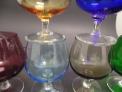 Six Moser Styled Brandy Stems Cobalt Blue, Green, Yellow, Amethyst, Smoke, Blue