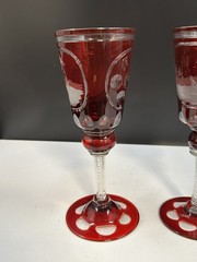 2 Bohemian Ruby Red Cut To Glass Goblet Biedermeier Etched Hunting Stag Scene