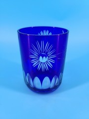 Cut To Clear Cobalt Blue Small Drinking Glass 3.75” Floral Design