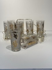 Mid Century Highball Glasses Libbey Frosted W 22 Karat Gold Leaf, Set Of 8