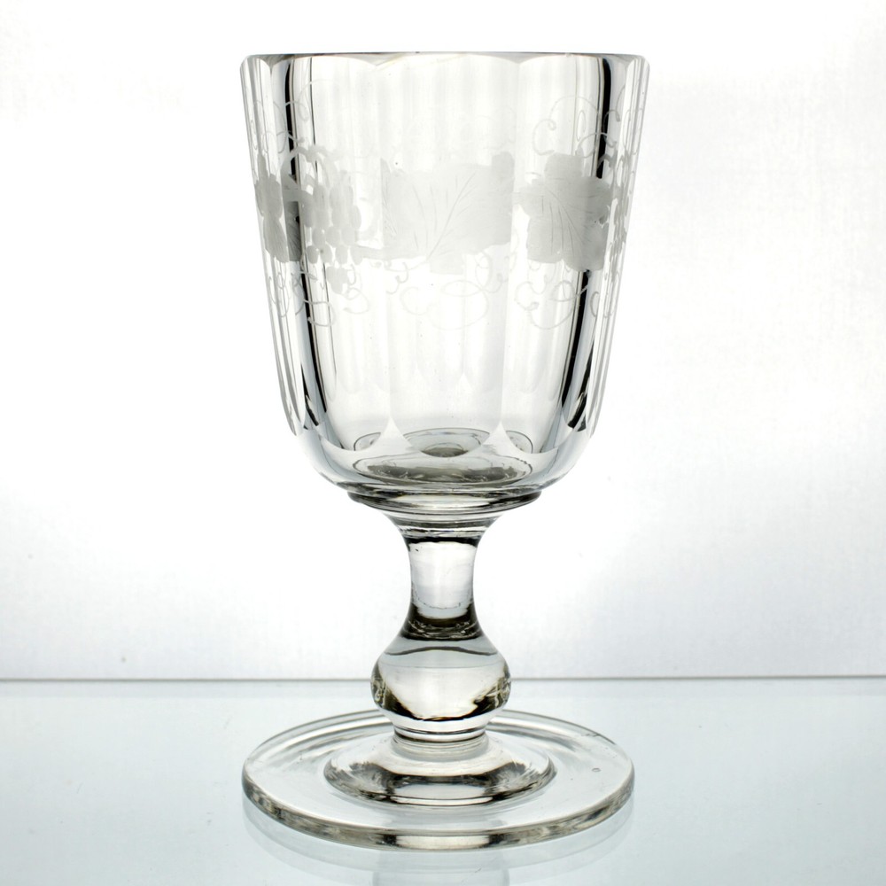 Flint Huber Cut & Grape Engraved Goblet, Antique 1850s 6 1/4″ Boston Sandwich