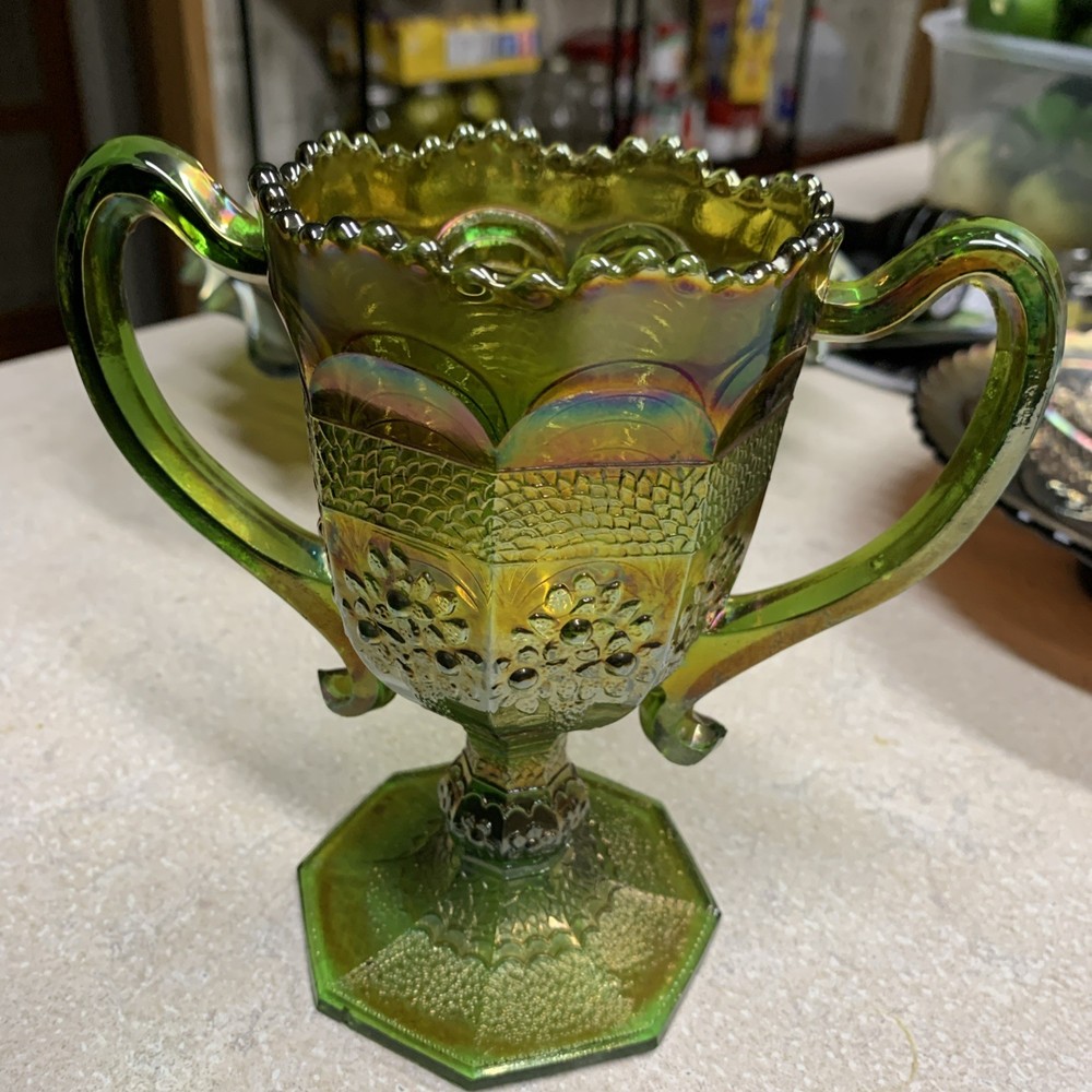 Fenton Orange Tree Green Carnival Glass Loving Cup
